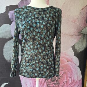 Talbots Blue and Brown Feather Pattern Blouse